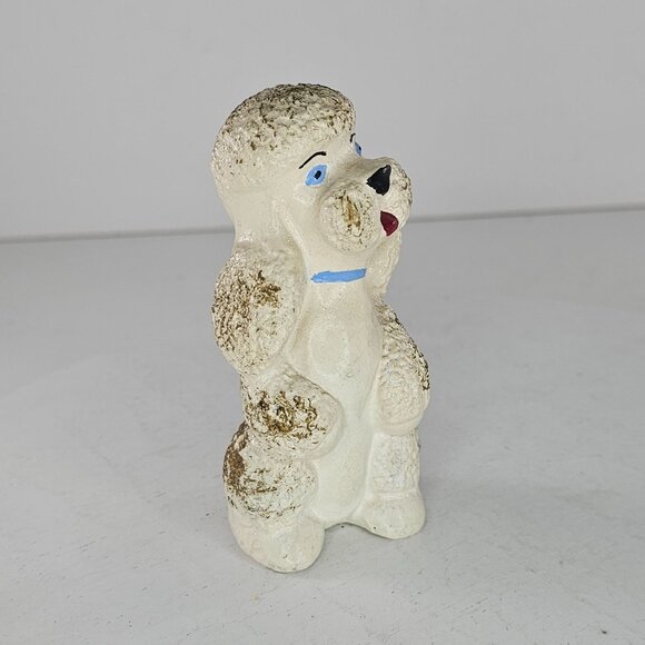 Vintage Chalkware Poodle Figurine White Blue Collar Hand Painted - Picture 7 of 8